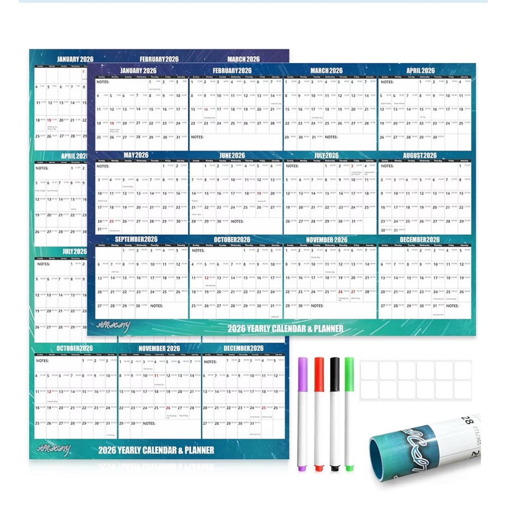 Apricity 2026 Blue and Green Yearly Calendar Planner